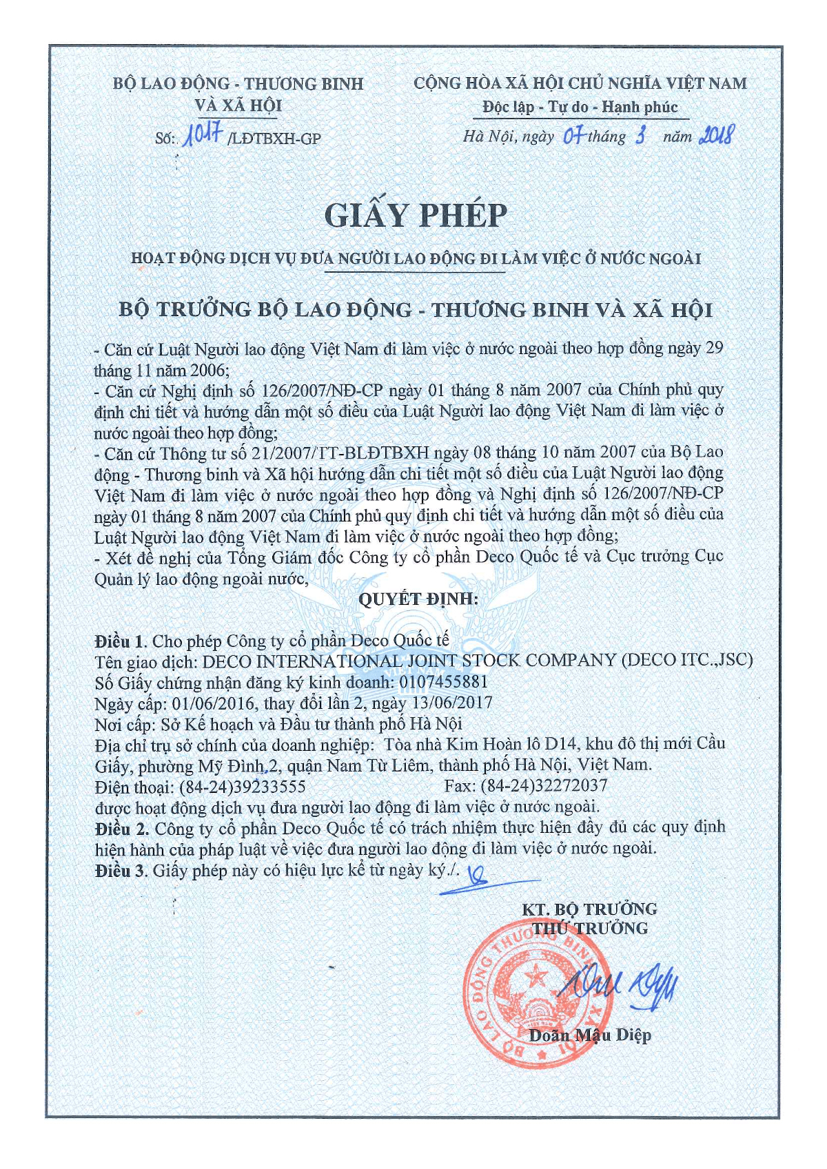 GIẤY PHÉP HOẠT ĐỘNG DỊCH VỤ ĐƯA NGƯỜI LAO ĐỘNG ĐI LÀM VIỆC Ở NƯỚC NGOÀI CỦA BỘ LĐ-TB & XH