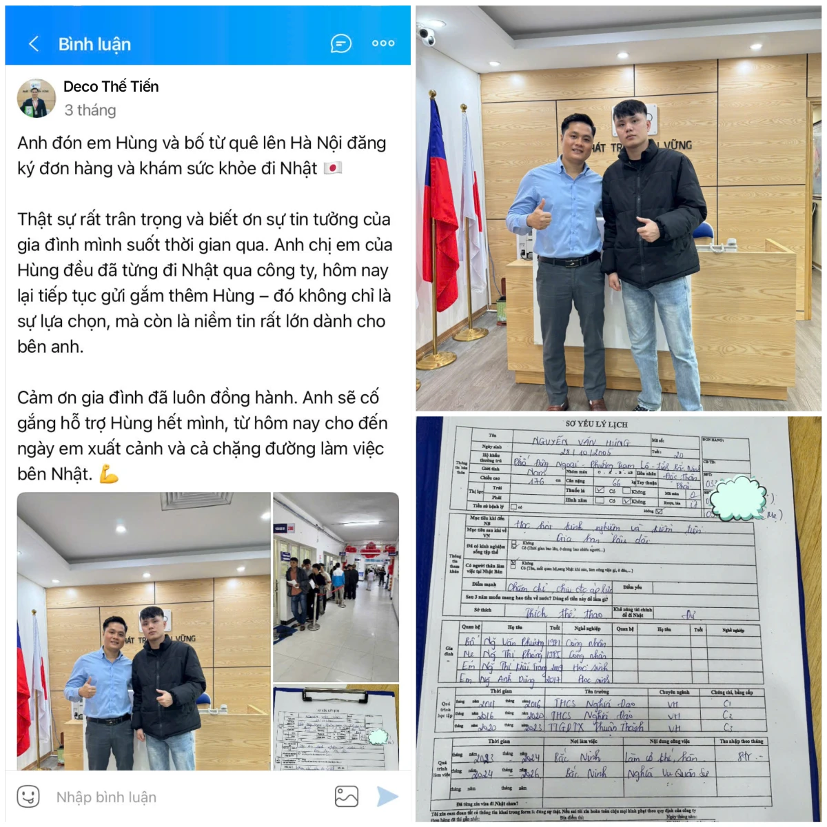Hỗ trợ em Hùng và bố từ Bắc Ninh ra đăng ký đơn hàng và khám sức khỏe đi Nhật