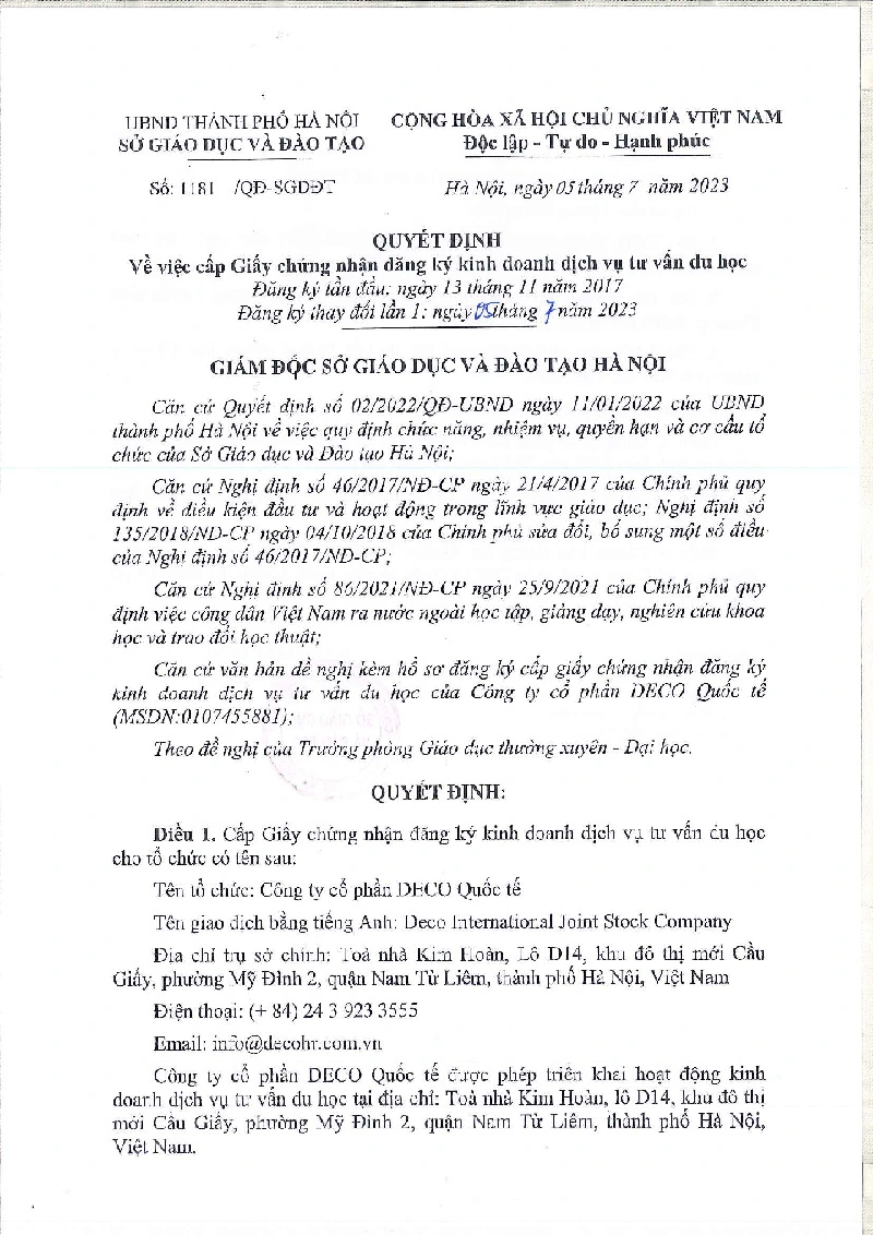 GIẤY PHÉP DU HỌC CÔNG TY DECO