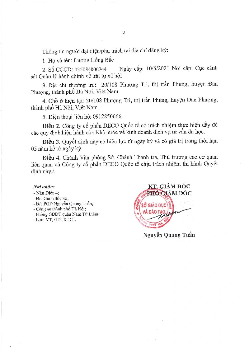 GIẤY PHÉP DU HỌC CÔNG TY DECO 2