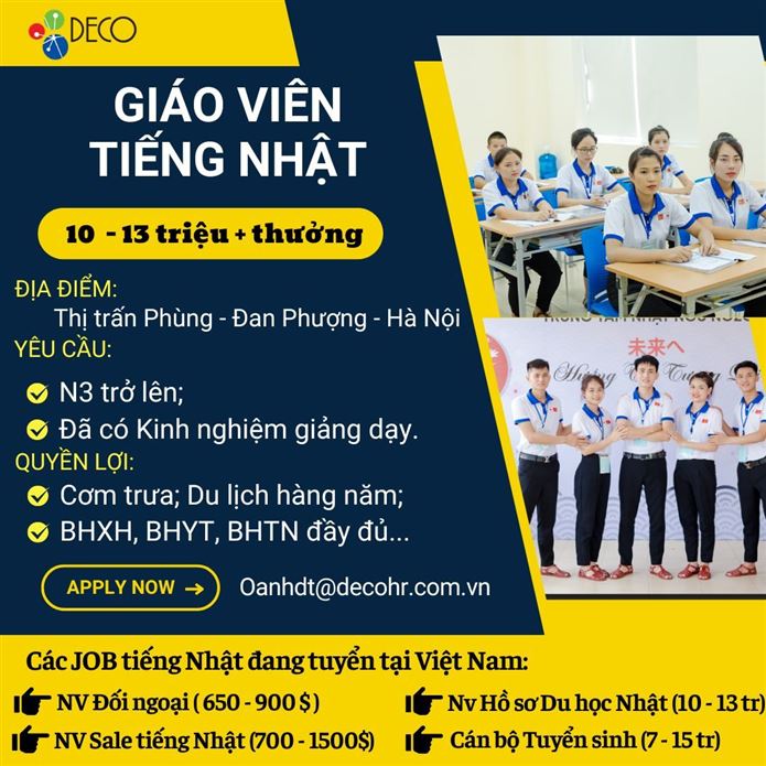 DECO chiêu mộ giáo viên tiếng Nhật với mức lương hấp dẫn, chế độ đãi ngộ yêu thương